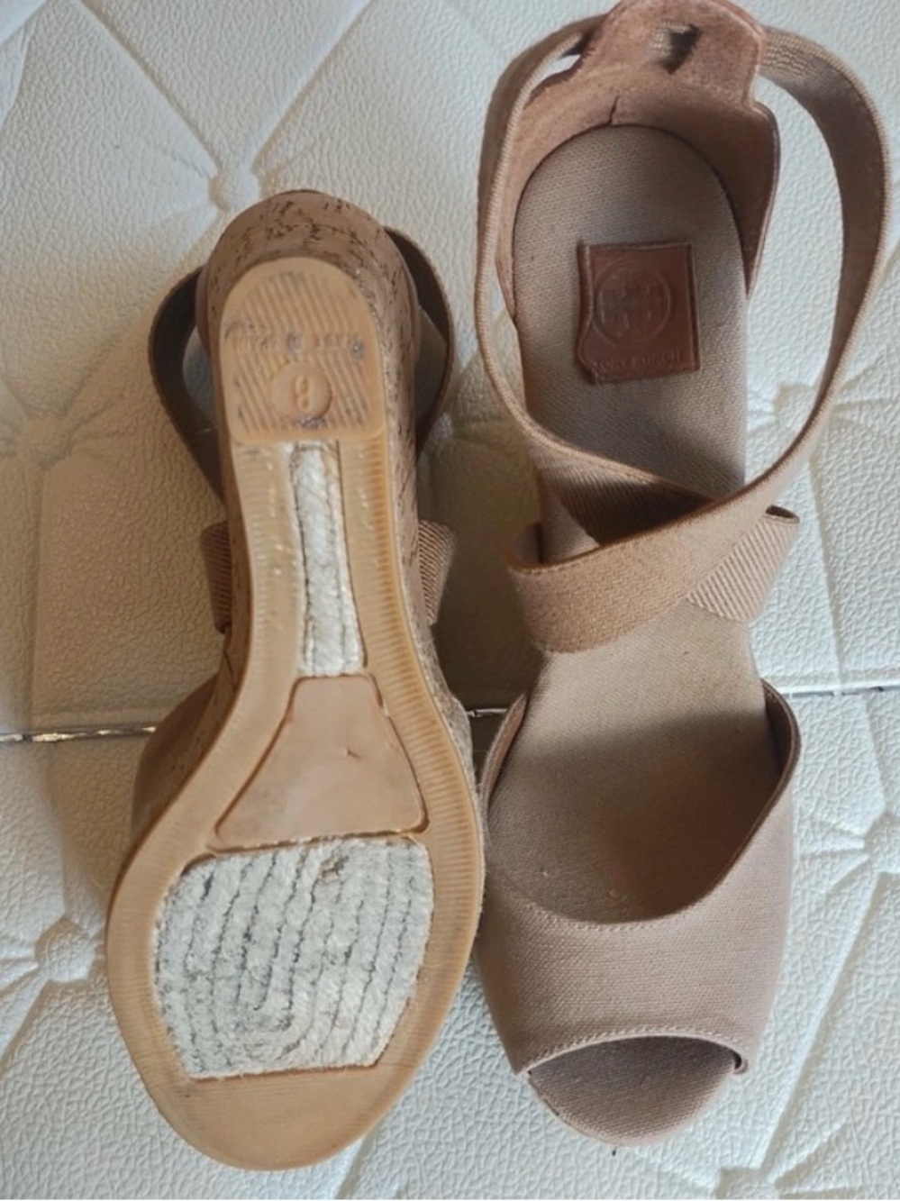 Tory Burch Neutral Canvas Crisscross Espadrille Wedges - Size 8 - Picture 7 of 7